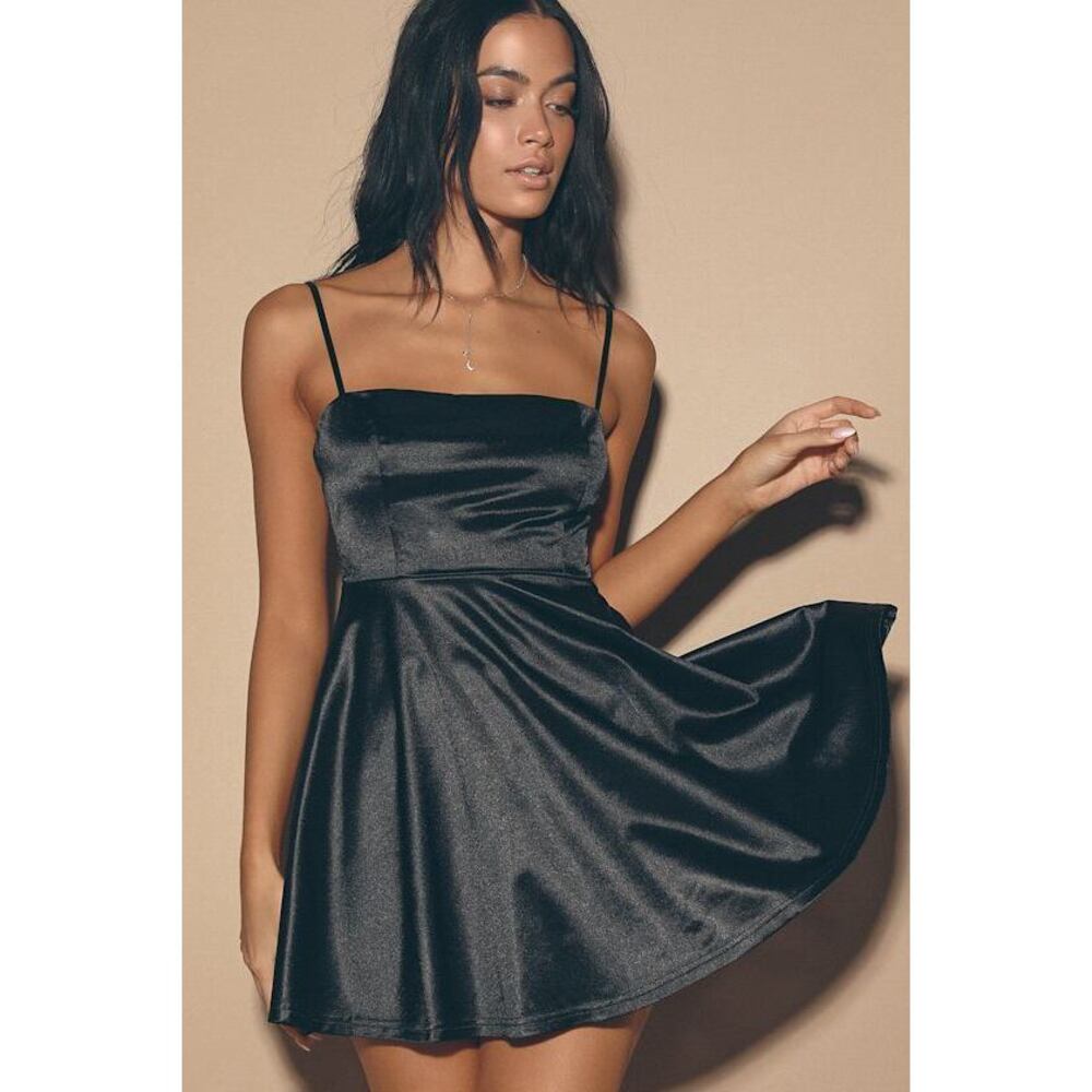 Lulus With The Best Black Satin Skater Dress - Size S